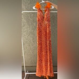 Women Orange Sequin Prom Dress - Feather Detail Mermaid Formal Evening Gown